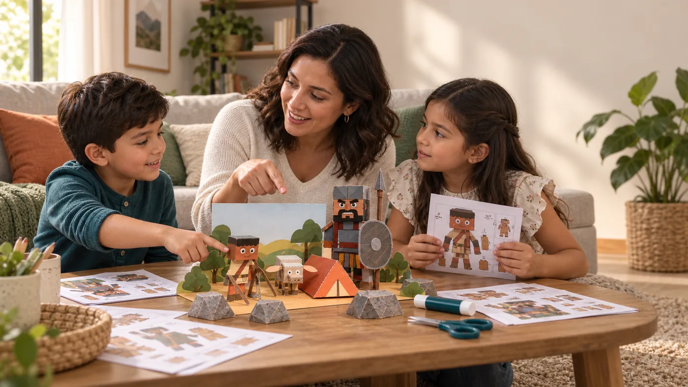 Escena ilustrativa de una madre conversando con sus hijos sobre David y Goliat alrededor de una mesa